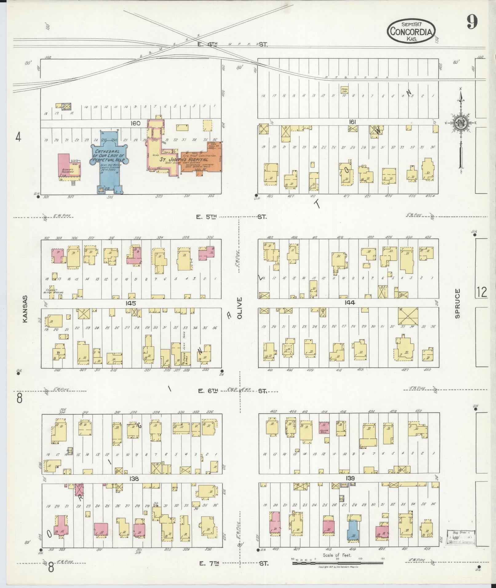 Sanborn Fire Insurance Map from Concordia, Cloud County, Kansas (1917), Sheet #0009 - Complete Map Set gallery image, historic Sanborn map, vintage wall art, Kansas Kansas