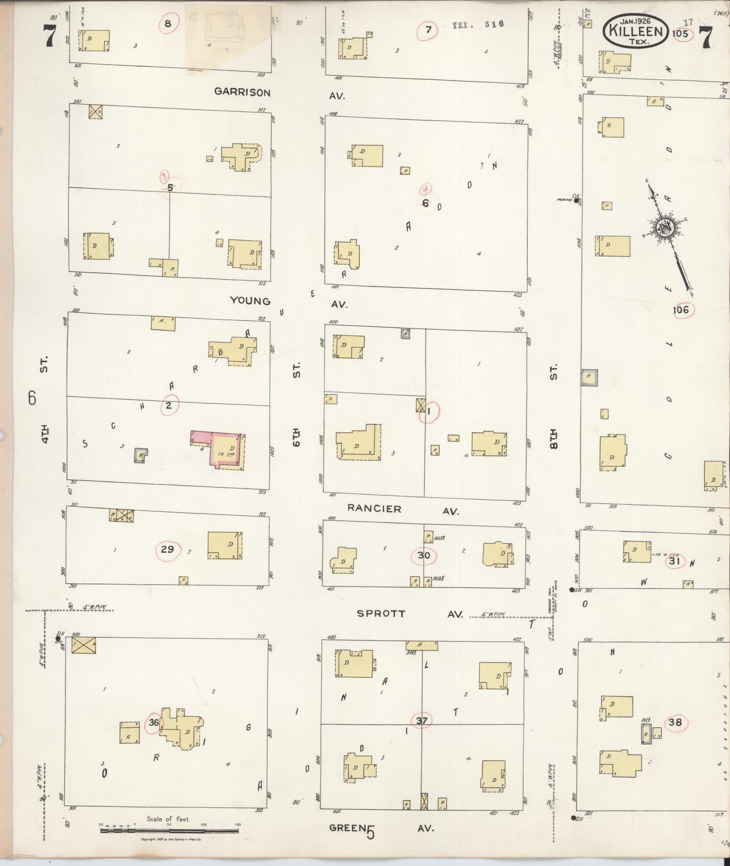 Sanborn Fire Insurance Map from Killeen, Bell County, Texas (1937), Sheet #0007 - Historic Sanborn Fire Insurance Map Print, vintage old map wall art, antique decor, genealogy gift, Texas Texas map
