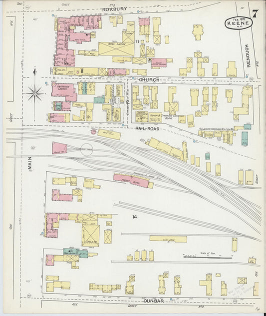 Sanborn Fire Insurance Map from Keene, Cheshire County, New Hampshire (1892), Sheet #0007 - Historic Sanborn Fire Insurance Map Print, vintage old map wall art, antique decor, genealogy gift, New Hampshire New Hampshire map