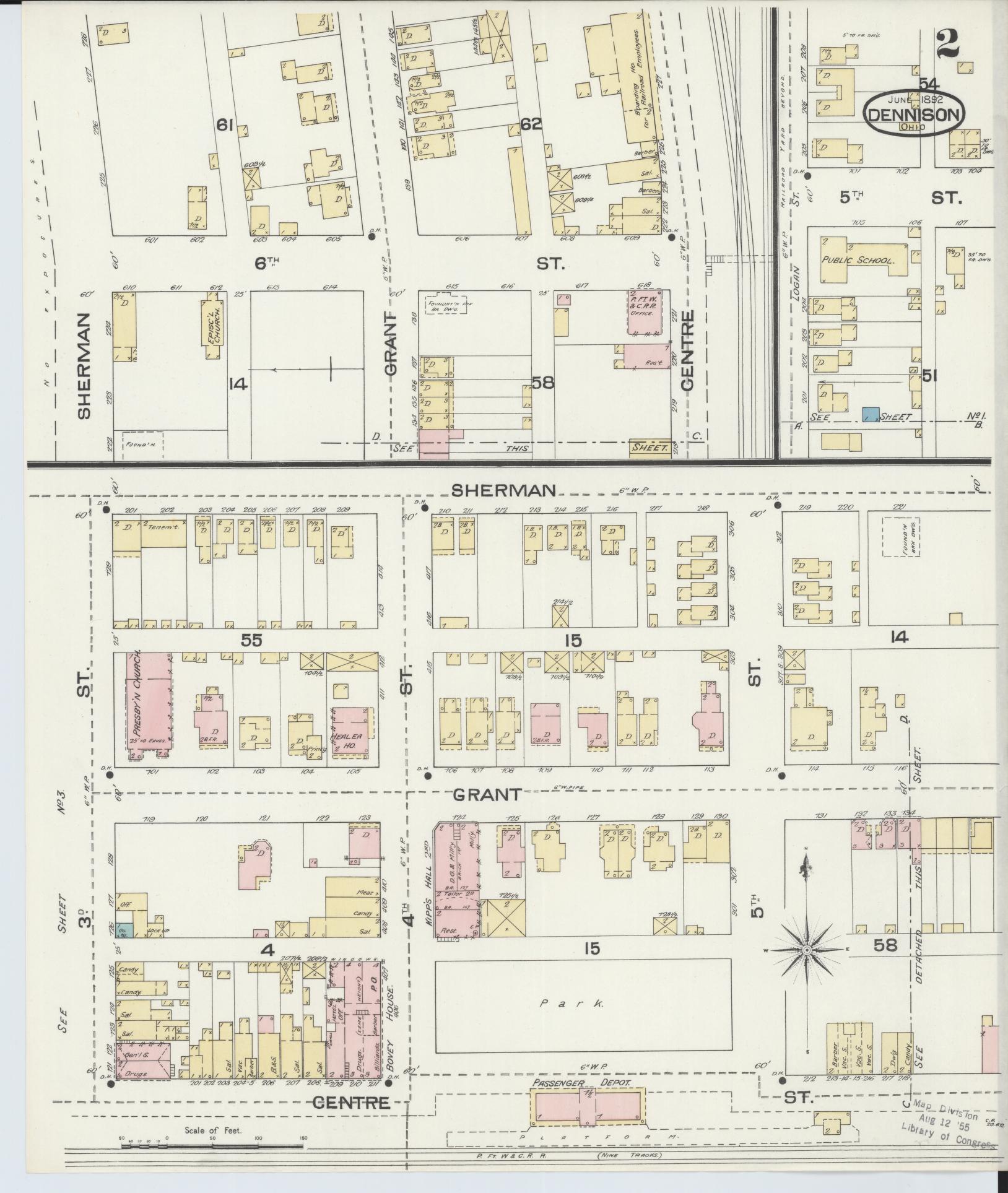 Sanborn Fire Insurance Map from Dennison, Tuscarawas County, Ohio (1892), Sheet #0002 - Complete Map Set gallery image, historic Sanborn map, vintage wall art, Ohio Ohio