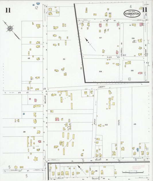 Sanborn Fire Insurance Map from Hammonton, Atlantic County, New Jersey (1930), Sheet #0011 - Historic Sanborn Fire Insurance Map Print, vintage old map wall art, antique decor, genealogy gift, New Jersey New Jersey map