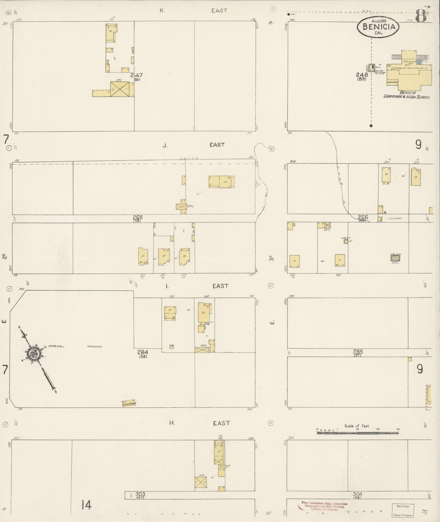 Sanborn Fire Insurance Map from Benicia, Solano County, California (1913), Sheet #0008 - Historic Sanborn Fire Insurance Map Print, vintage old map wall art, antique decor, genealogy gift, California California map