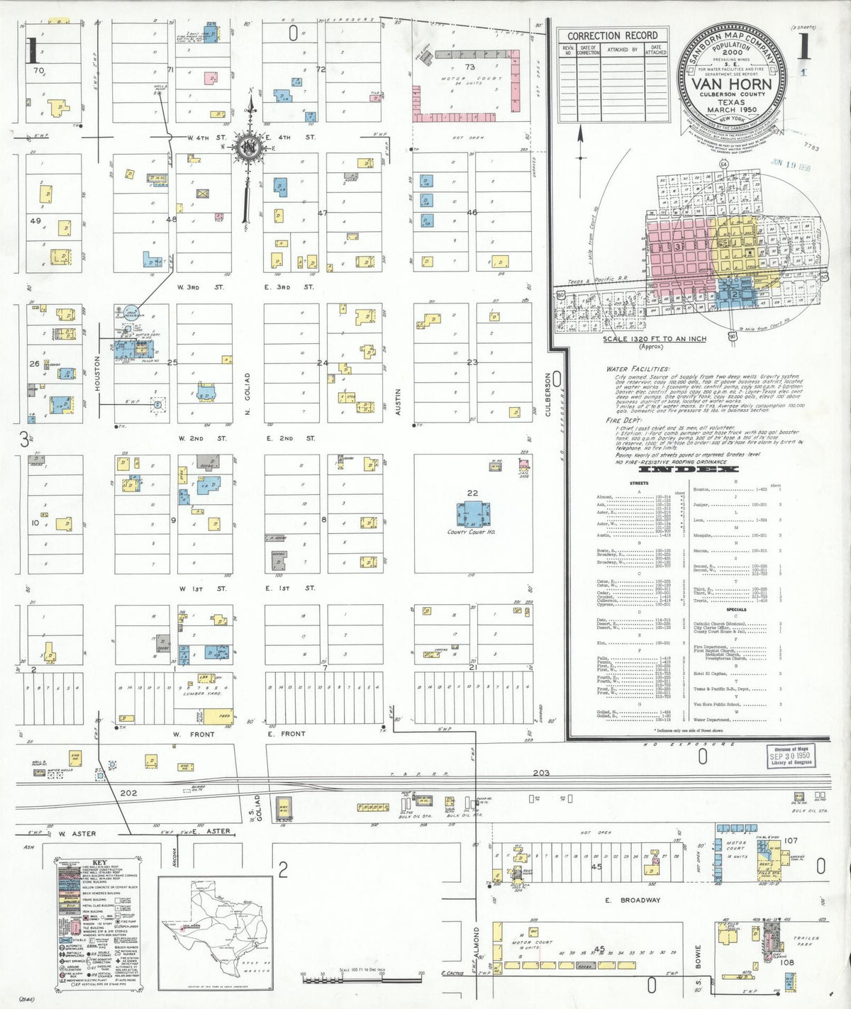 Sanborn Fire Insurance Map from Van Horn, Culberson County, Texas (1950), Sheet #0001 - Historic Sanborn Fire Insurance Map Print, vintage old map wall art, antique decor, genealogy gift, Texas Texas map