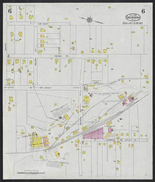 Sanborn Fire Insurance Map from Greensboro, Hale County, Alabama (1925), Sheet #0006 - Historic Sanborn Fire Insurance Map Print, vintage old map wall art, antique decor, genealogy gift, Alabama Alabama map
