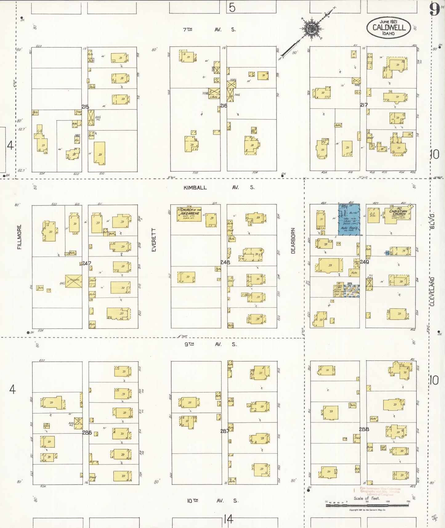 Sanborn Fire Insurance Map from Caldwell, Canyon County, Idaho (1921), Sheet #0009 - Historic Sanborn Fire Insurance Map Print, vintage old map wall art, antique decor, genealogy gift, Idaho Idaho map