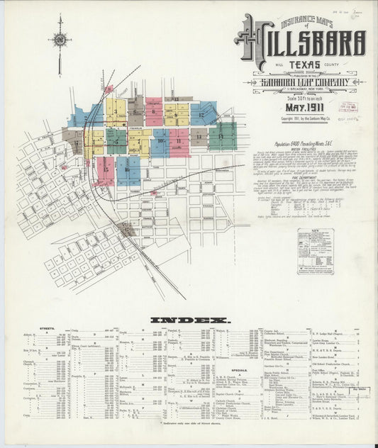 Sanborn Fire Insurance Map from Hillsboro, Hill County, Texas (1911), Sheet #0001 - Historic Sanborn Fire Insurance Map Print, vintage old map wall art, antique decor, genealogy gift, Texas Texas map