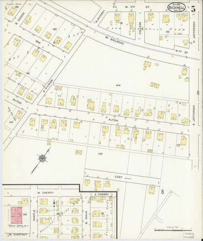Sanborn Fire Insurance Map from Bicknell, Knox County, Indiana (1915), Sheet #0005 - Historic Sanborn Fire Insurance Map Print, vintage old map wall art, antique decor, genealogy gift, Indiana Indiana map