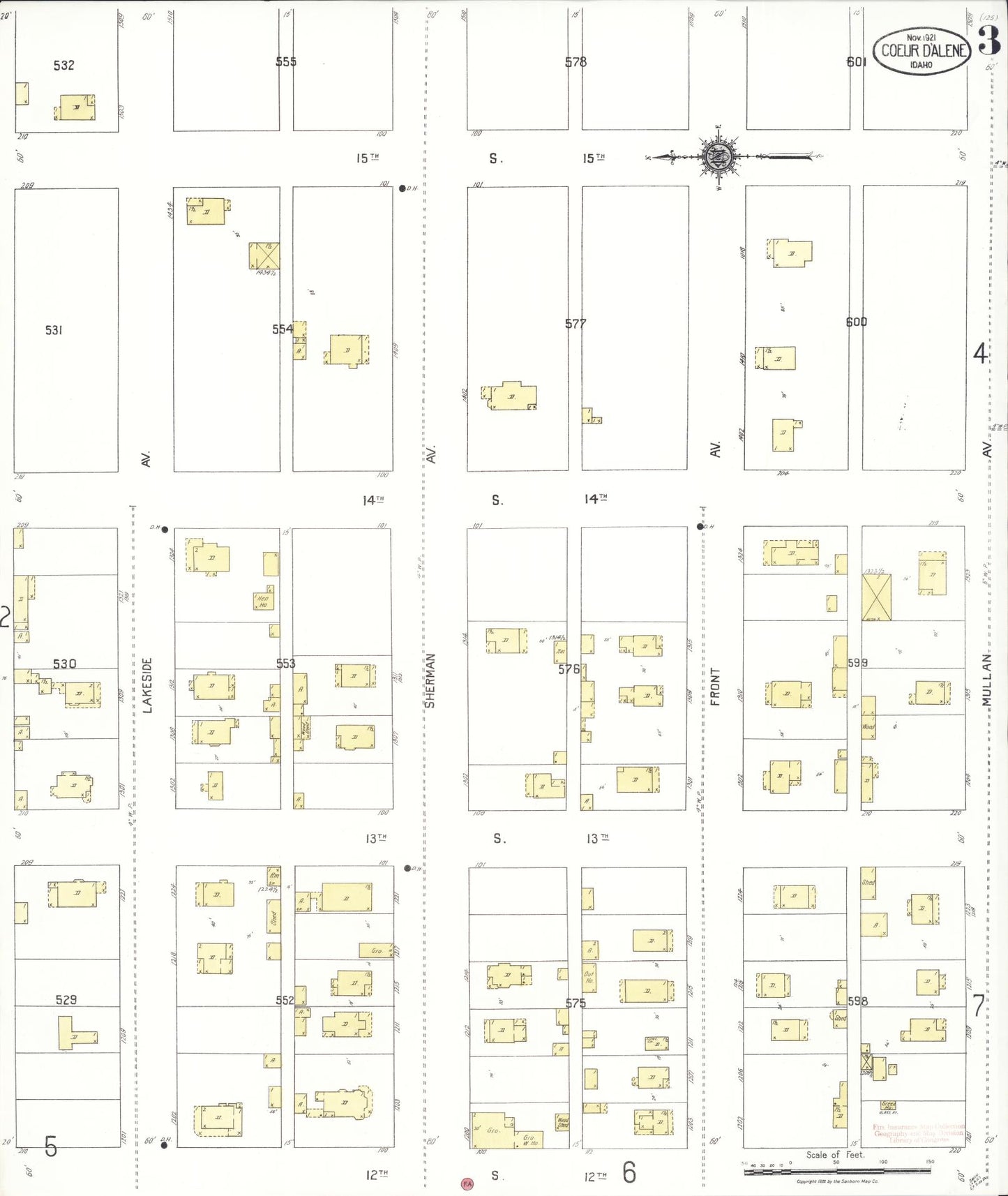 Sanborn Fire Insurance Map from Coeur D'alene, Kootenai County, Idaho (1921), Sheet #0003 - Historic Sanborn Fire Insurance Map Print, vintage old map wall art, antique decor, genealogy gift, Idaho Idaho map