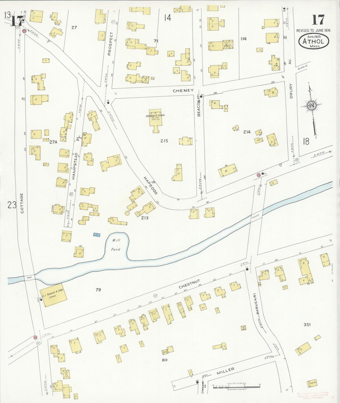 Sanborn Fire Insurance Map from Athol, Worcester County, Massachusetts (1936), Sheet #0017 - Historic Sanborn Fire Insurance Map Print, vintage old map wall art, antique decor, genealogy gift, Massachusetts Massachusetts map