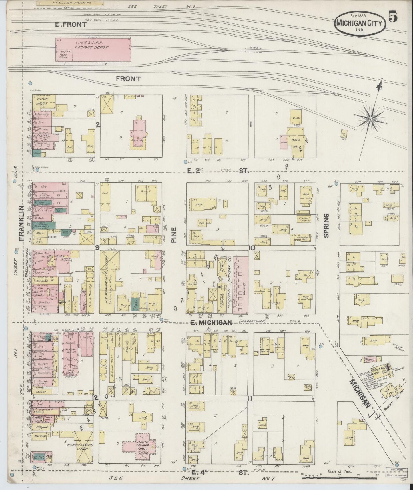 Sanborn Fire Insurance Map from Michigan City, La Porte County, Indiana (1889), Sheet #0005 - Complete Map Set gallery image, historic Sanborn map, vintage wall art, Michigan Michigan