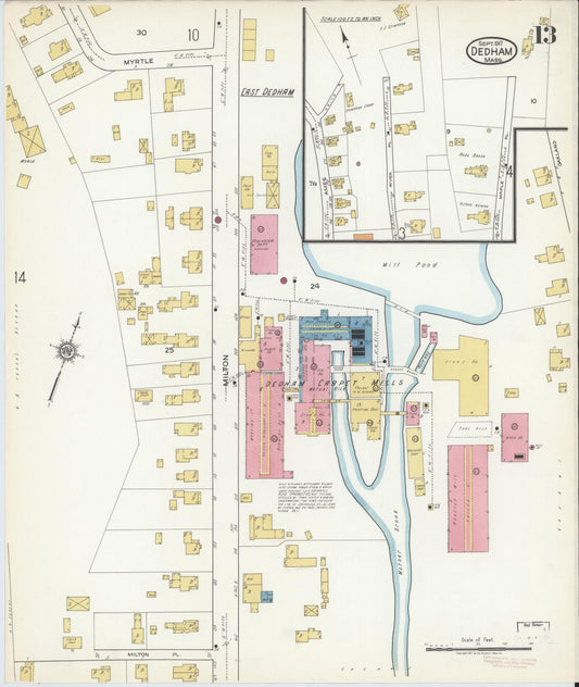 Sanborn Fire Insurance Map from Dedham, Norfolk County, Massachusetts (1917), Sheet #0013 - Historic Sanborn Fire Insurance Map Print, vintage old map wall art, antique decor, genealogy gift, Massachusetts Massachusetts map
