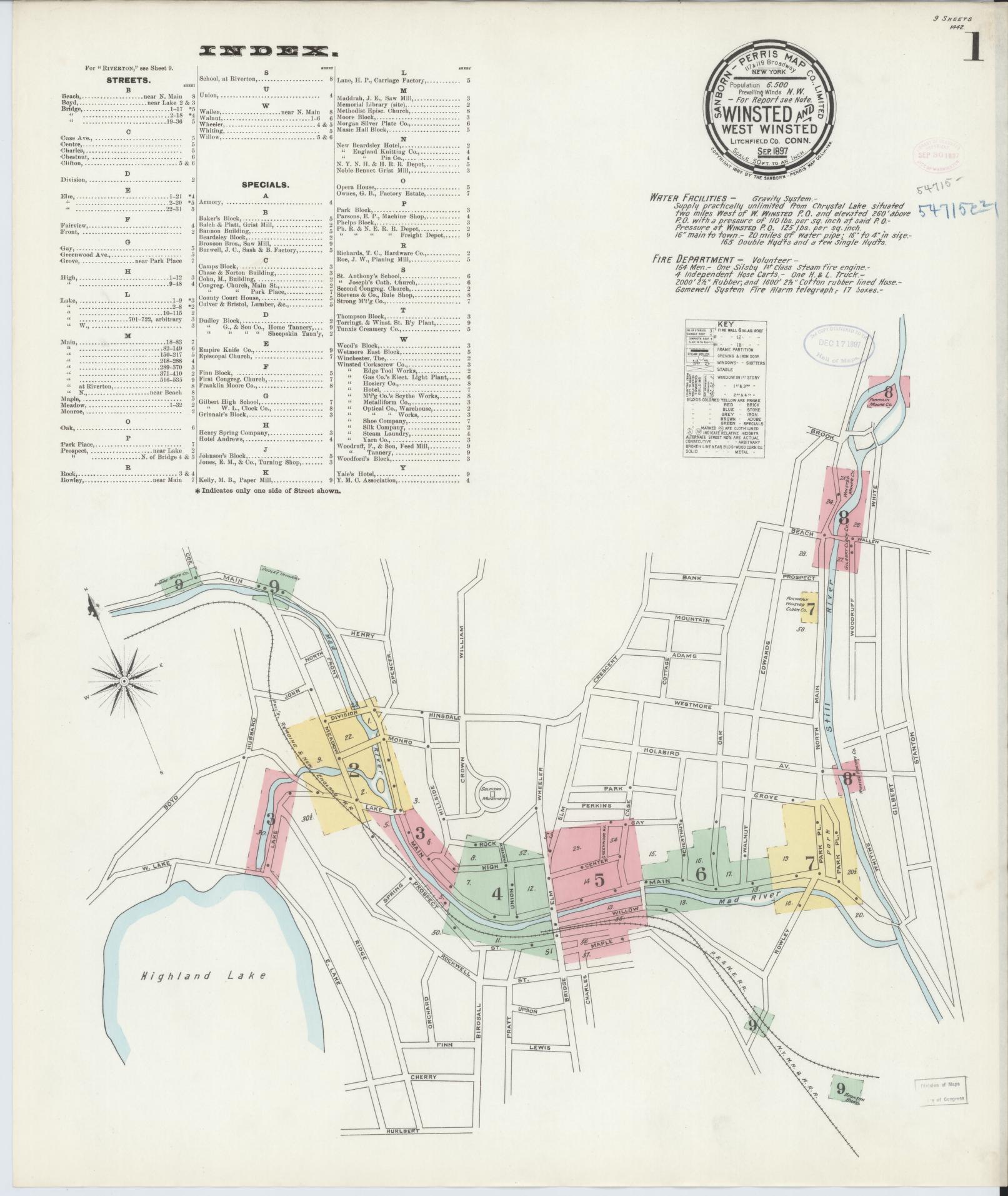 Sanborn Fire Insurance Map from Winsted, Litchfield County, Connecticut (1897), Sheet #0001 - Historic Sanborn Fire Insurance Map Print, vintage old map wall art, antique decor, genealogy gift, Connecticut Connecticut map