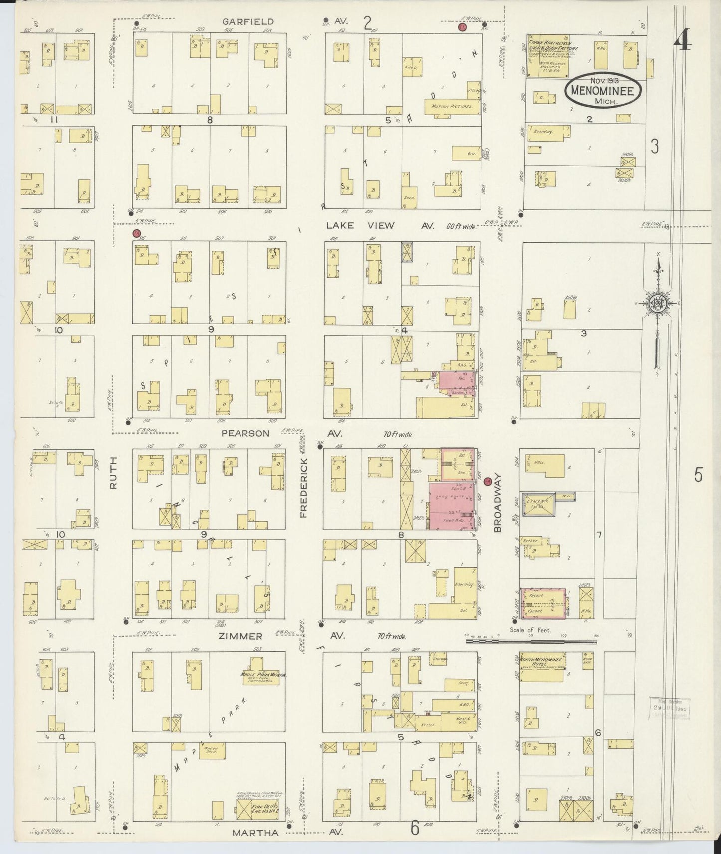 Sanborn Fire Insurance Map from Menominee, Menominee County, Michigan (1913), Sheet #0004 - Complete Map Set gallery image, historic Sanborn map, vintage wall art, Michigan Michigan