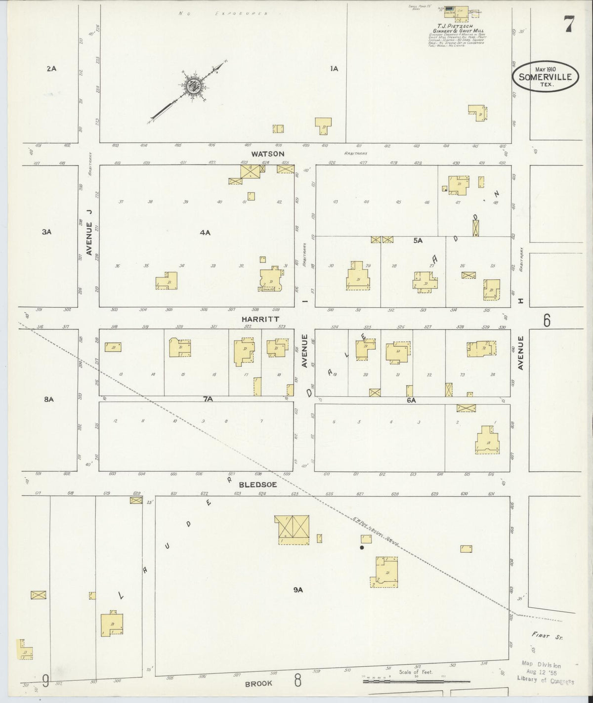 Sanborn Fire Insurance Map from Somerville, Burleson County, Texas (1910), Sheet #0007 - Historic Sanborn Fire Insurance Map Print, vintage old map wall art, antique decor, genealogy gift, Texas Texas map