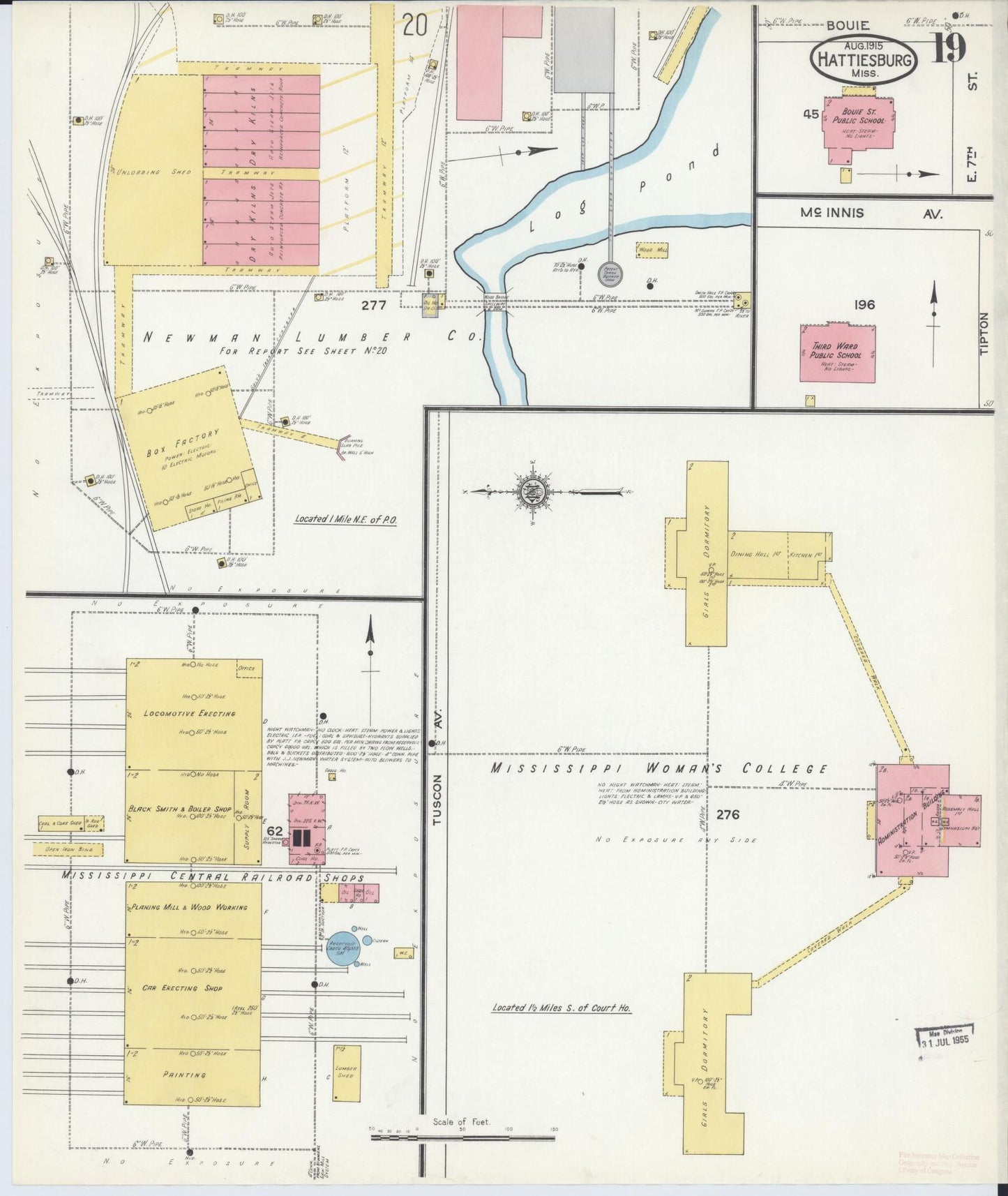 Sanborn Fire Insurance Map from Hattiesburg, Forrest County, Mississippi (1915), Sheet #0019 - Historic Sanborn Fire Insurance Map Print, vintage old map wall art, antique decor, genealogy gift, Mississippi Mississippi map