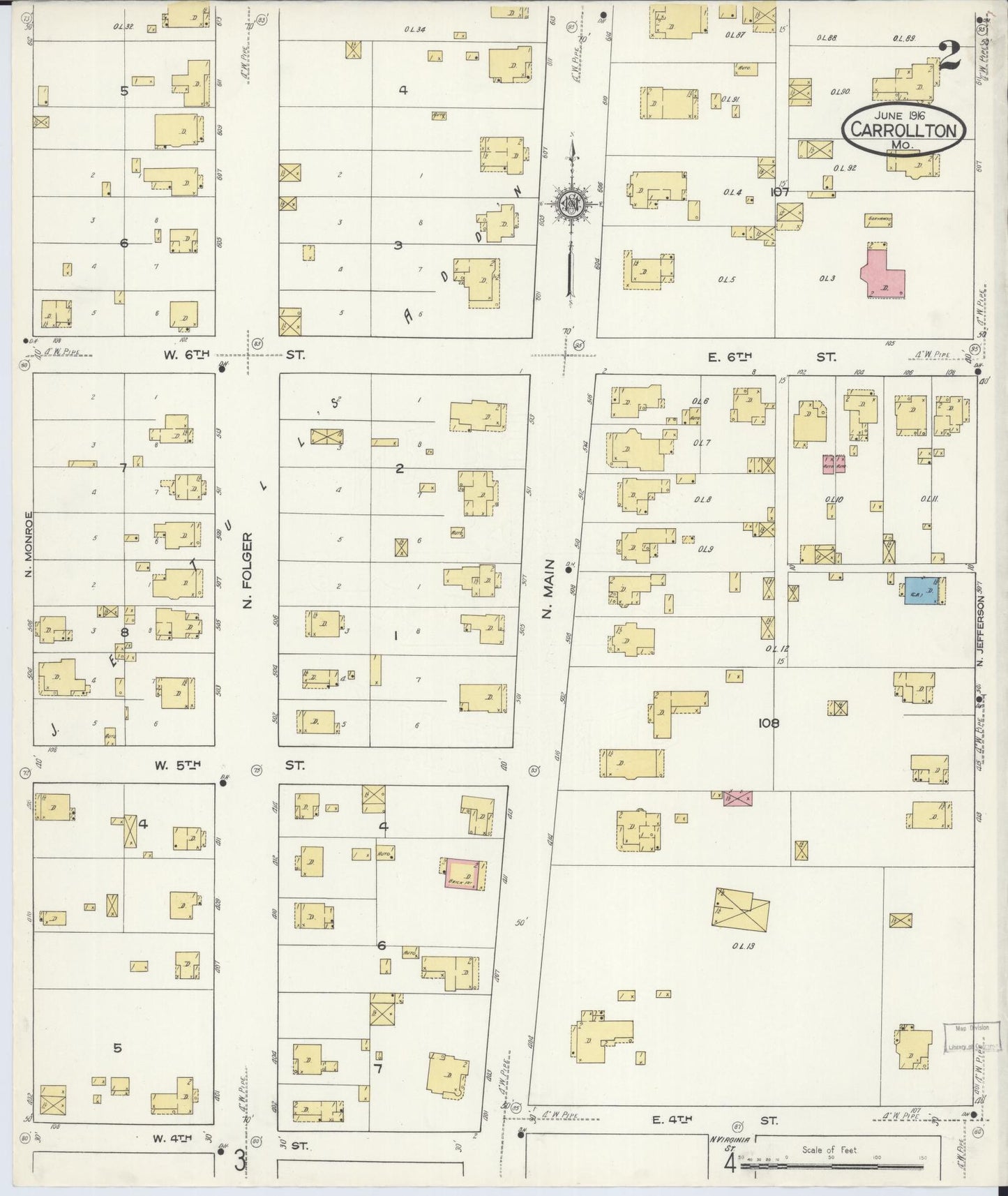 Sanborn Fire Insurance Map from Carrollton, Carroll County, Missouri (1916), Sheet #0002 - Historic Sanborn Fire Insurance Map Print, vintage old map wall art, antique decor, genealogy gift, Missouri Missouri map