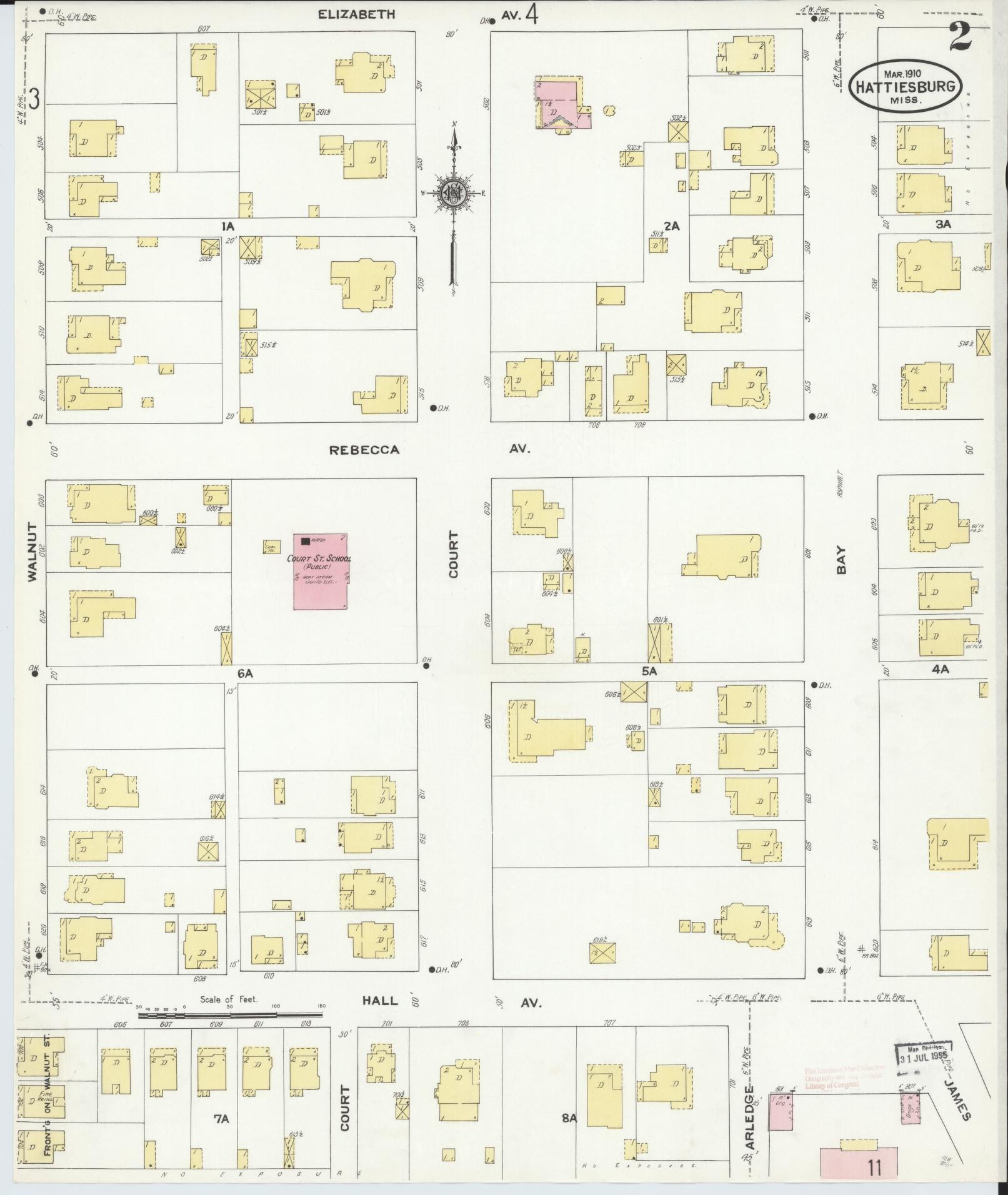 Sanborn Fire Insurance Map from Hattiesburg, Forrest County, Mississippi (1910), Sheet #0002 - Historic Sanborn Fire Insurance Map Print, vintage old map wall art, antique decor, genealogy gift, Mississippi Mississippi map