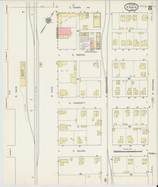 Sanborn Fire Insurance Map from Ennis, Ellis County, Texas (1915), Sheet #0008 - Historic Sanborn Fire Insurance Map Print, vintage old map wall art, antique decor, genealogy gift, Texas Texas map