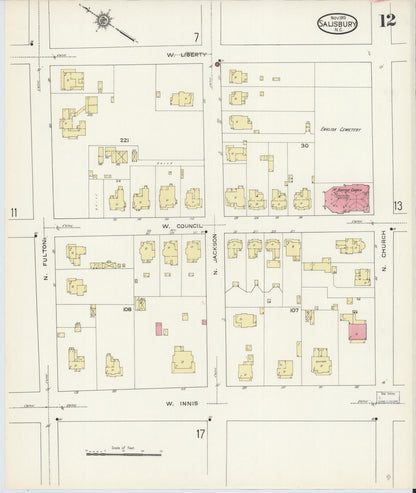 Sanborn Fire Insurance Map from Salisbury, Rowan County, North Carolina (1913), Sheet #0012 - Complete Map Set gallery image, historic Sanborn map, vintage wall art, North Carolina North Carolina
