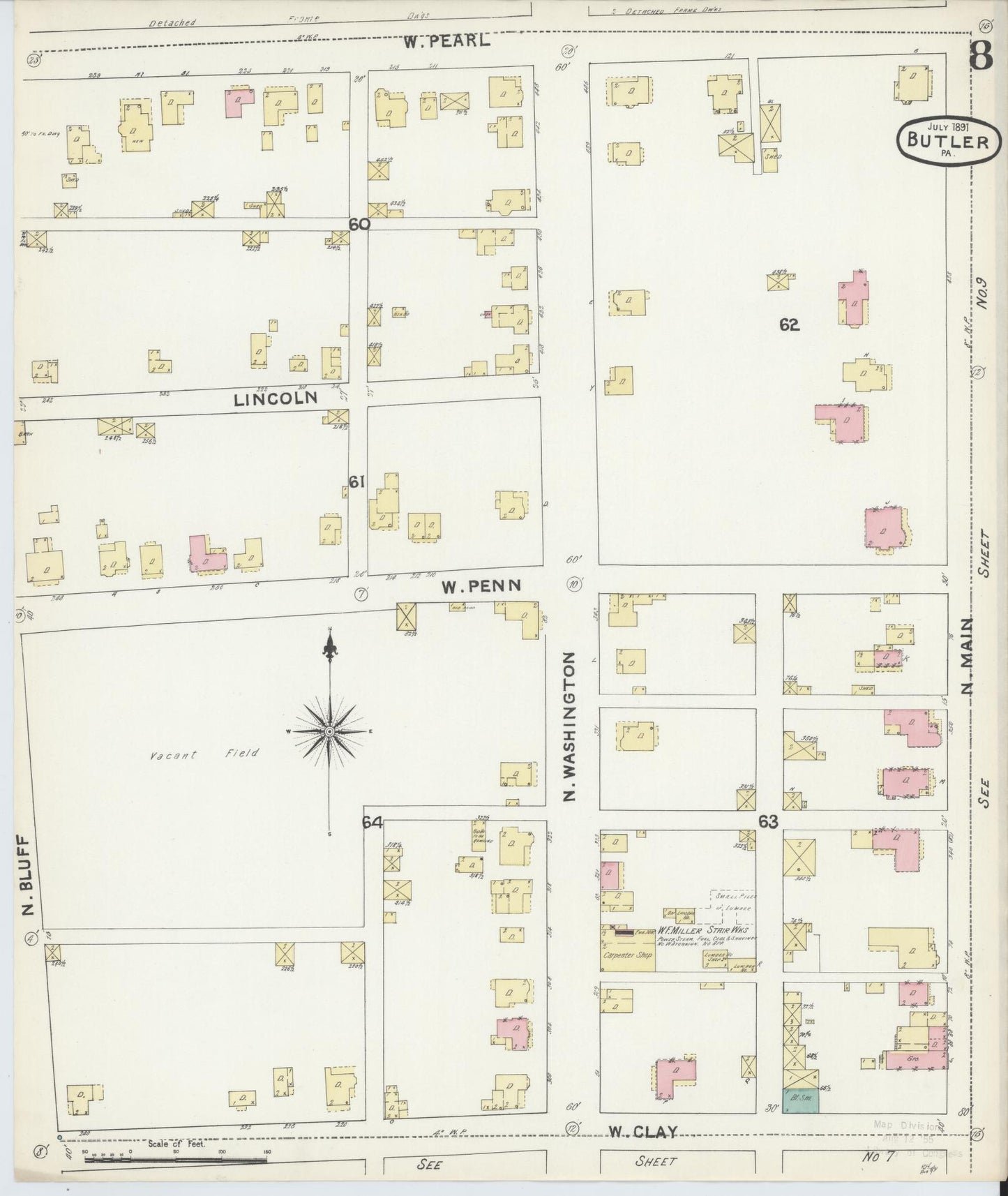 Sanborn Fire Insurance Map from Butler, Butler County, Pennsylvania (1891), Sheet #0008 - Historic Sanborn Fire Insurance Map Print, vintage old map wall art, antique decor, genealogy gift, Pennsylvania Pennsylvania map