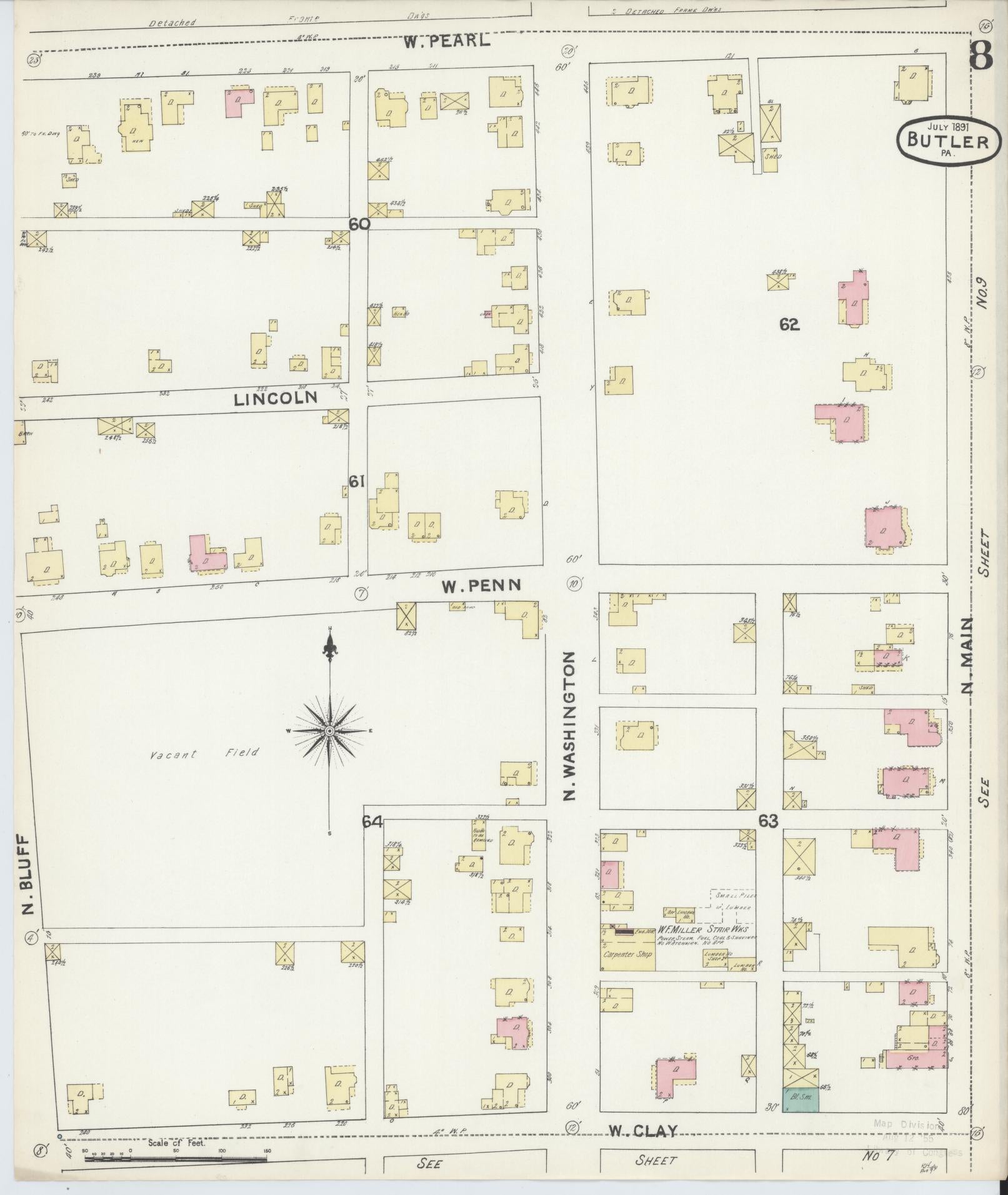 Sanborn Fire Insurance Map from Butler, Butler County, Pennsylvania (1891), Sheet #0008 - Historic Sanborn Fire Insurance Map Print, vintage old map wall art, antique decor, genealogy gift, Pennsylvania Pennsylvania map