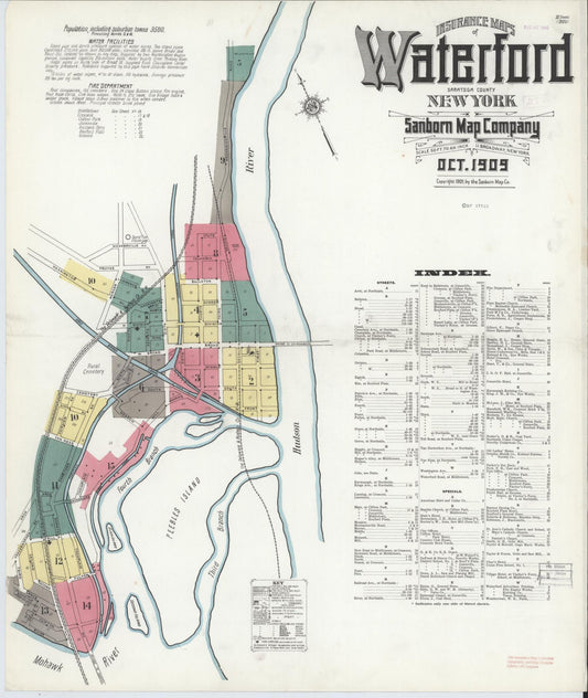 Sanborn Fire Insurance Map from Waterford, Saratoga County, New York (1909), Sheet #0001 - Historic Sanborn Fire Insurance Map Print, vintage old map wall art, antique decor, genealogy gift, New York New York map
