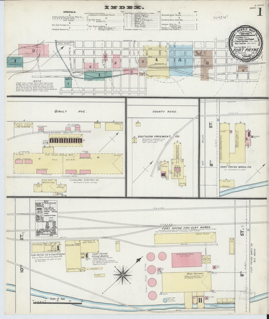 Sanborn Fire Insurance Map from Fort Payne, Dekalb County, Alabama (1891), Sheet #0001 - Historic Sanborn Fire Insurance Map Print, vintage old map wall art, antique decor, genealogy gift, Alabama Alabama map