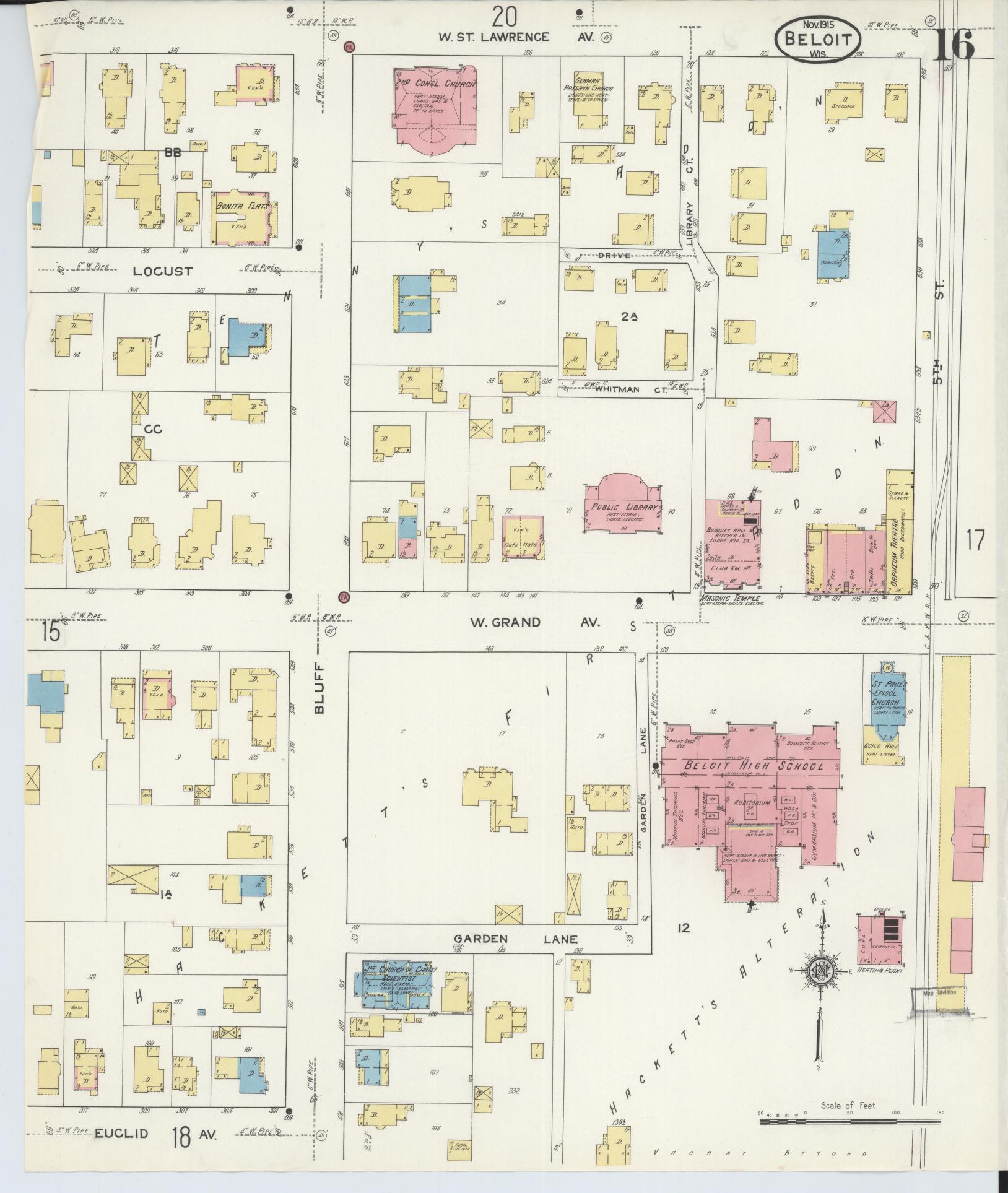 Sanborn Fire Insurance Map from Beloit, Rock County, Wisconsin (1915), Sheet #0016 - Historic Sanborn Fire Insurance Map Print, vintage old map wall art, antique decor, genealogy gift, Wisconsin Wisconsin map