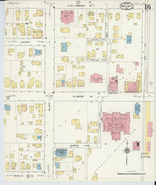 Sanborn Fire Insurance Map from Beloit, Rock County, Wisconsin (1915), Sheet #0016 - Historic Sanborn Fire Insurance Map Print, vintage old map wall art, antique decor, genealogy gift, Wisconsin Wisconsin map