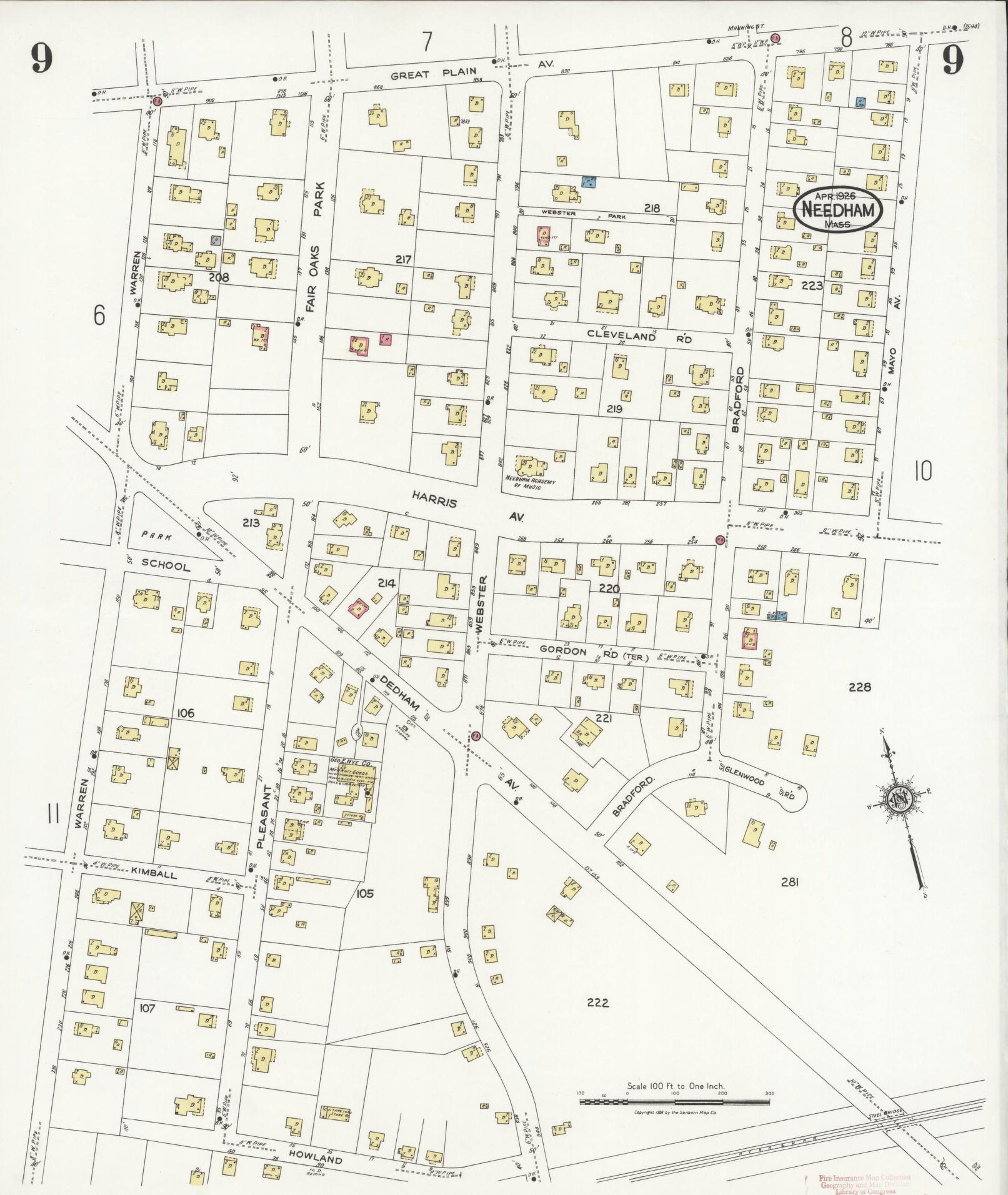 Sanborn Fire Insurance Map from Needham, Norfolk County, Massachusetts (1926), Sheet #0009 - Complete Map Set gallery image, historic Sanborn map, vintage wall art, Massachusetts Massachusetts