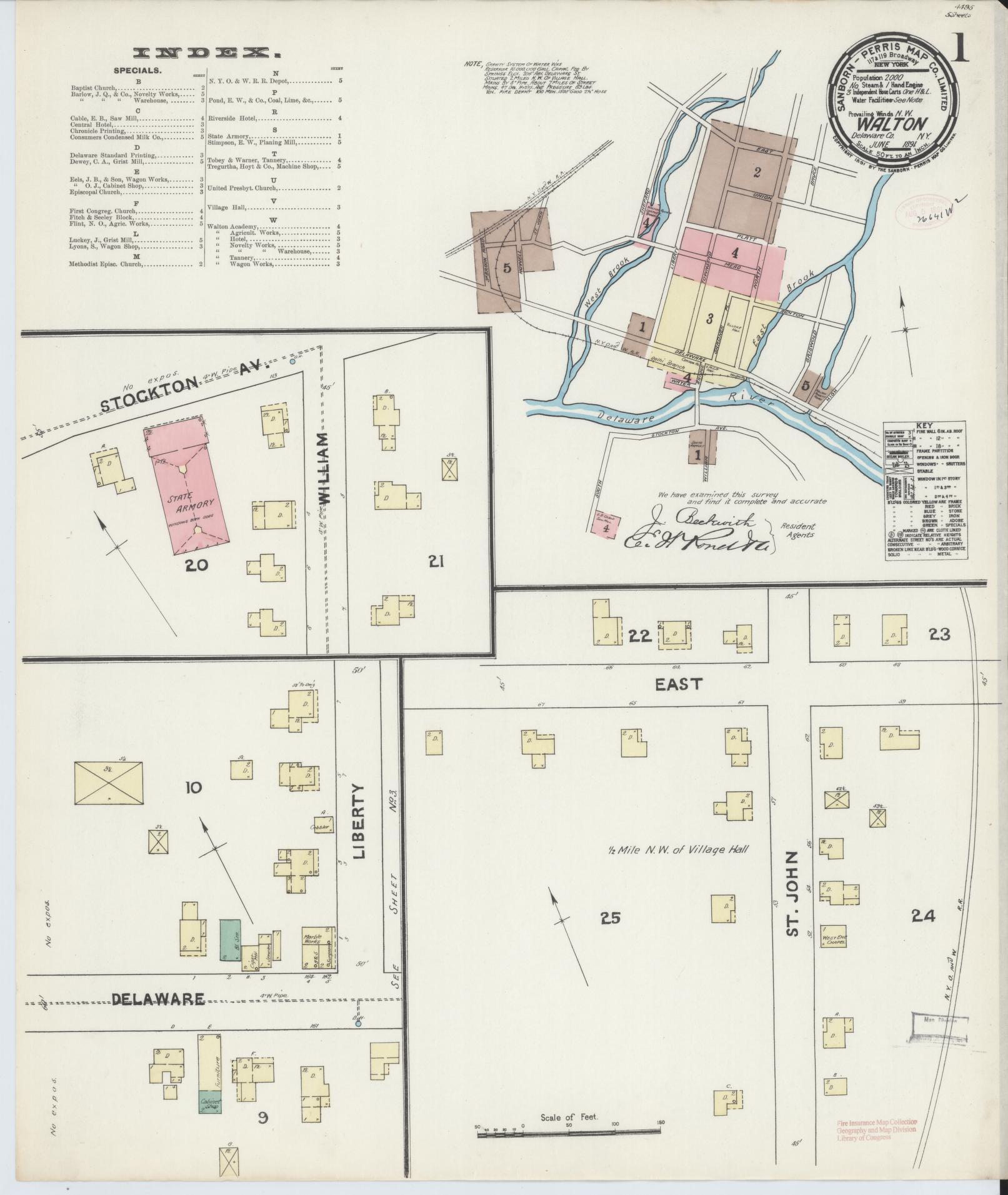 Sanborn Fire Insurance Map from Walton, Delaware County, New York (1891), Sheet #0001 - Complete Map Set gallery image, historic Sanborn map, vintage wall art, Walton Delaware