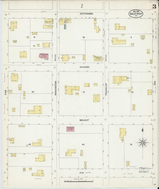 Sanborn Fire Insurance Map from Bastrop, Morehouse Parish, Louisiana (1907), Sheet #0003 - Historic Sanborn Fire Insurance Map Print, vintage old map wall art, antique decor, genealogy gift, Louisiana Louisiana map
