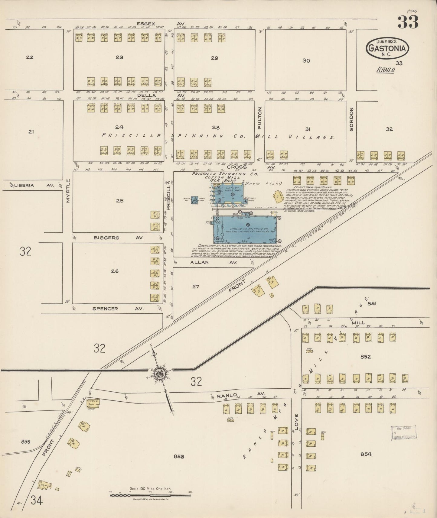 Sanborn Fire Insurance Map from Gastonia, Gaston County, North Carolina (1922), Sheet #0033 - Complete Map Set gallery image, historic Sanborn map, vintage wall art, North Carolina North Carolina