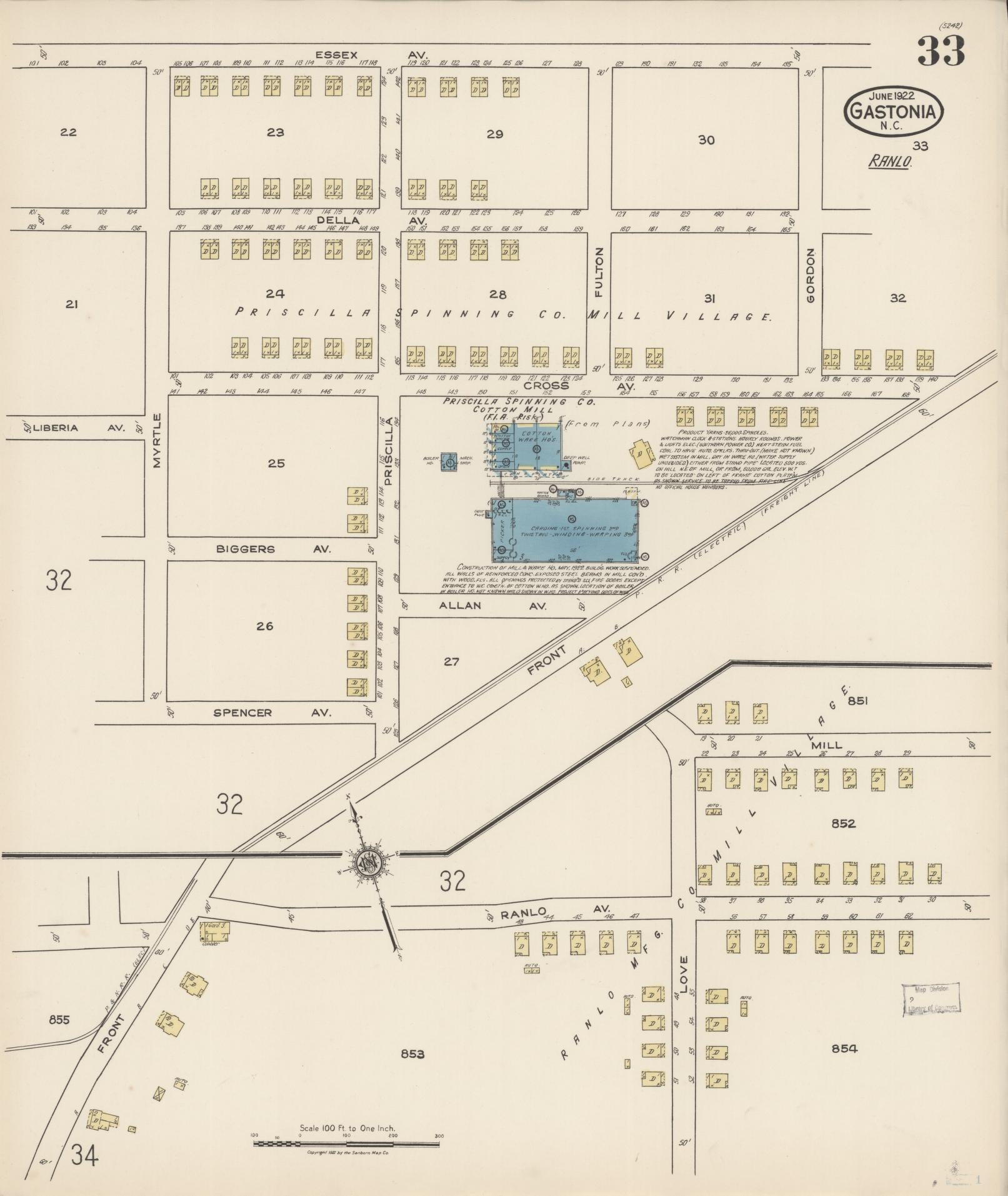 Sanborn Fire Insurance Map from Gastonia, Gaston County, North Carolina (1922), Sheet #0033 - Complete Map Set gallery image, historic Sanborn map, vintage wall art, North Carolina North Carolina