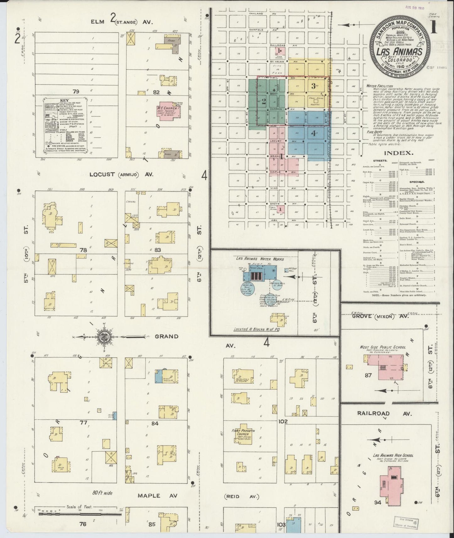 Sanborn Fire Insurance Map from Las Animas, Bent County, Colorado (1910), Sheet #0001 - Complete Map Set gallery image, historic Sanborn map, vintage wall art, Colorado Colorado