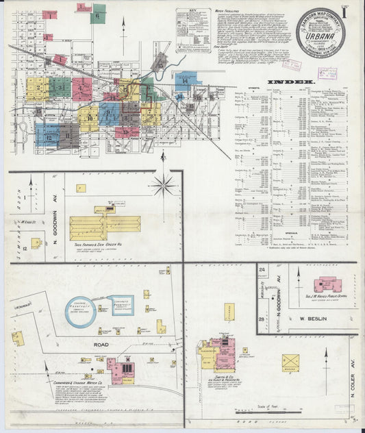 Sanborn Fire Insurance Map from Urbana, Champaign County, Illinois (1909), Sheet #0001 - Complete Map Set gallery image, historic Sanborn map, vintage wall art, Illinois Illinois