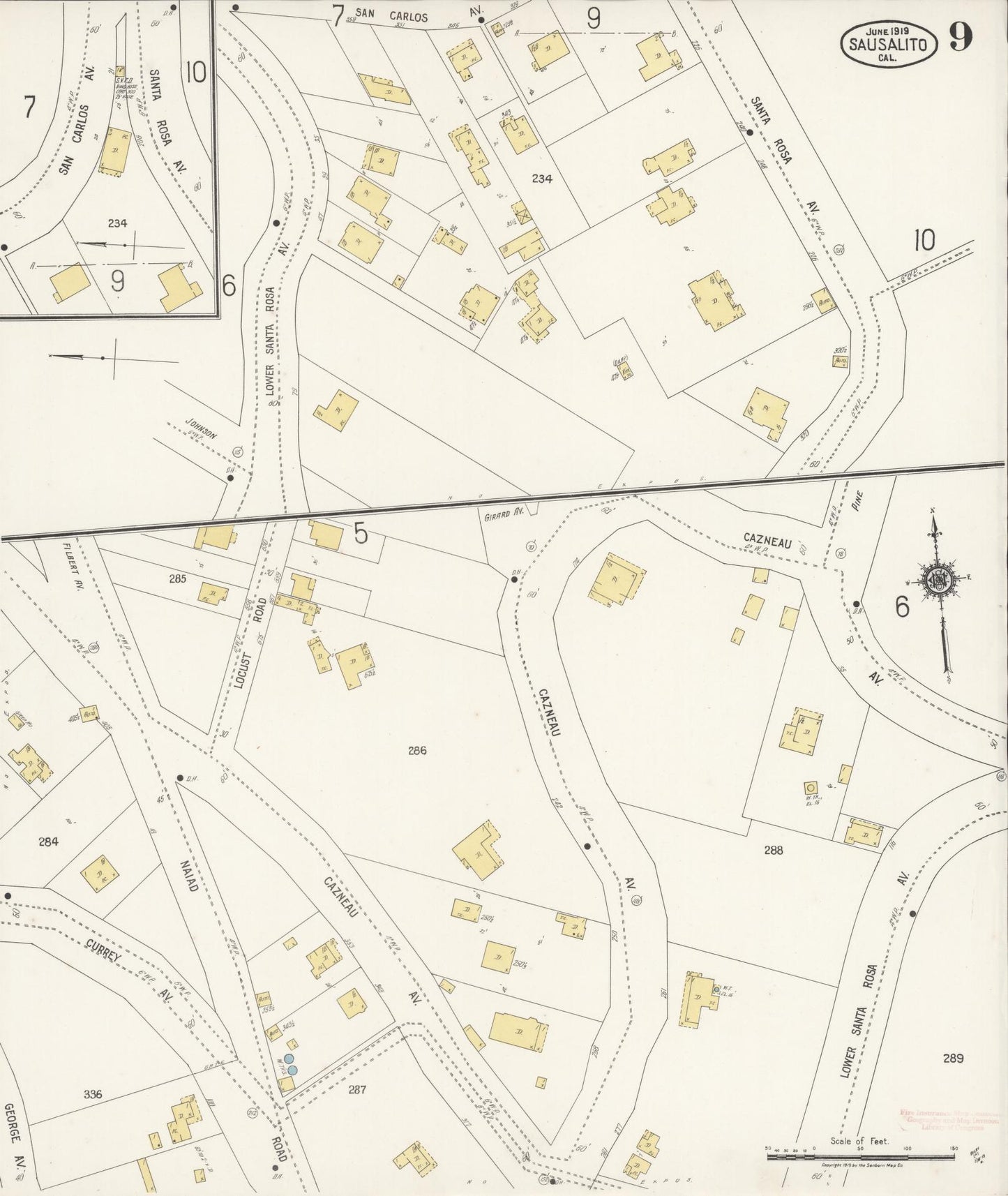 Sanborn Fire Insurance Map from Sausalito, Marin County, California (1919), Sheet #0009 - Complete Map Set gallery image, historic Sanborn map, vintage wall art, California California