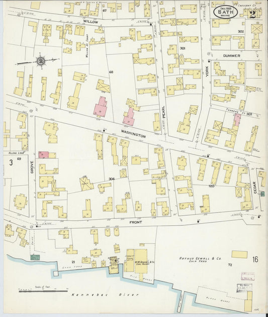 Sanborn Fire Insurance Map from Bath, Sagadahoc County, Maine (1909), Sheet #0002 - Historic Sanborn Fire Insurance Map Print, vintage old map wall art, antique decor, genealogy gift, Maine Maine map