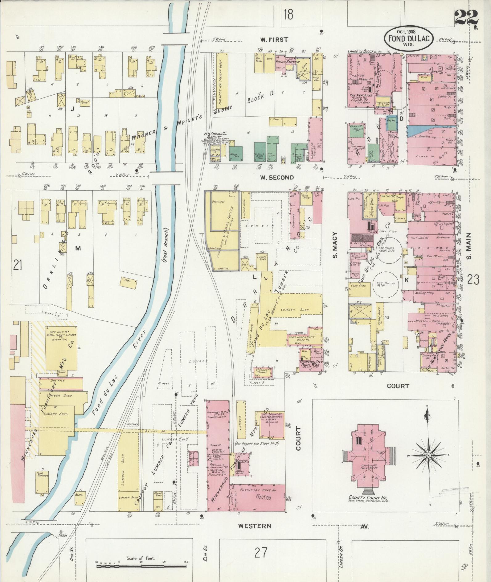 Sanborn Fire Insurance Map from Fond du Lac, Fond du Lac County, Wisconsin (1908), Sheet #0022 - Historic Sanborn Fire Insurance Map Print, vintage old map wall art, antique decor, genealogy gift, Wisconsin Wisconsin map