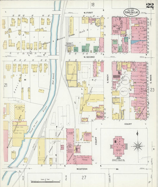Sanborn Fire Insurance Map from Fond du Lac, Fond du Lac County, Wisconsin (1908), Sheet #0022 - Historic Sanborn Fire Insurance Map Print, vintage old map wall art, antique decor, genealogy gift, Wisconsin Wisconsin map