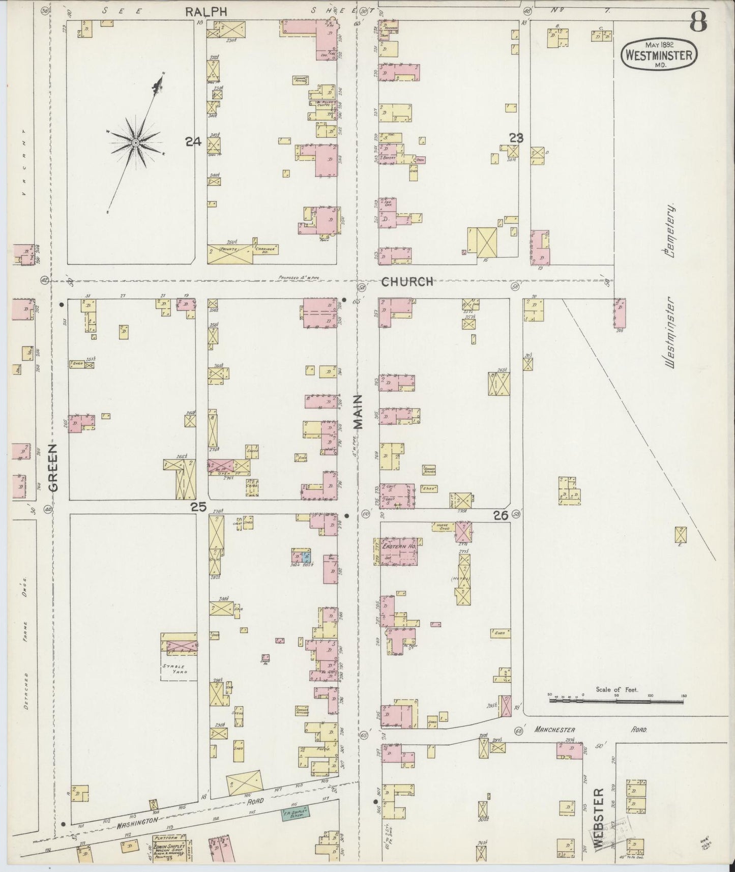 Sanborn Fire Insurance Map from Westminster, Carroll County, Maryland (1892), Sheet #0008 - Historic Sanborn Fire Insurance Map Print, vintage old map wall art, antique decor, genealogy gift, Maryland Maryland map