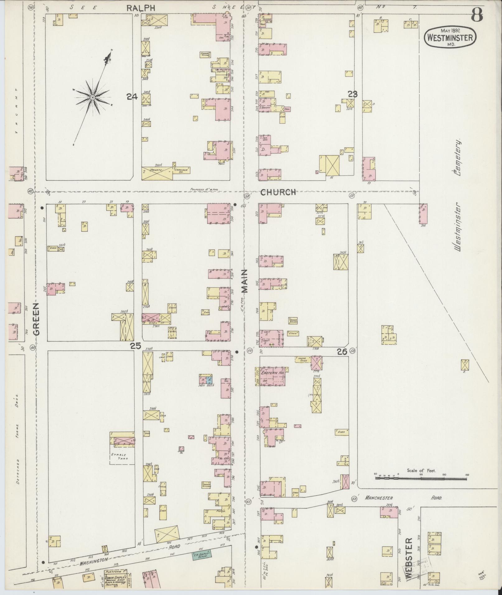 Sanborn Fire Insurance Map from Westminster, Carroll County, Maryland (1892), Sheet #0008 - Historic Sanborn Fire Insurance Map Print, vintage old map wall art, antique decor, genealogy gift, Maryland Maryland map