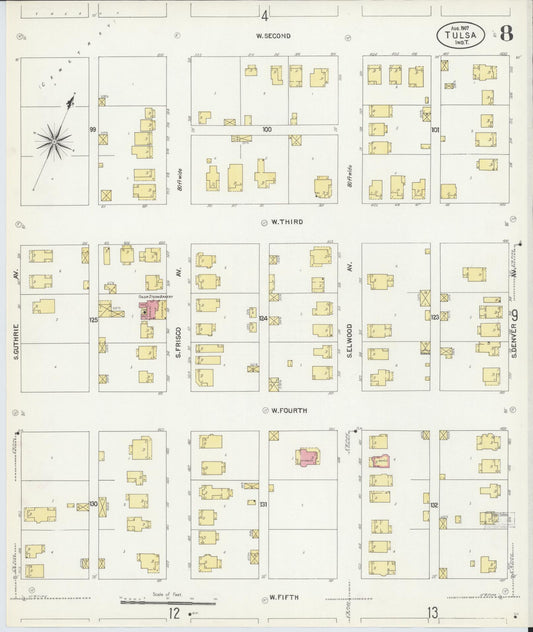 Sanborn Fire Insurance Map from Tulsa, Tulsa County, Oklahoma (1907), Sheet #0008 - Historic Sanborn Fire Insurance Map Print, vintage old map wall art, antique decor, genealogy gift, Oklahoma Oklahoma map