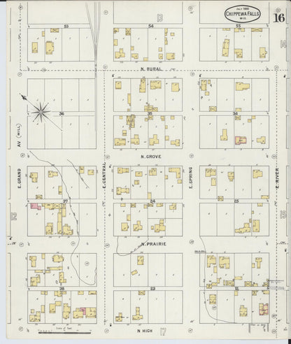 Sanborn Fire Insurance Map from Chippewa Falls, Chippewa County, Wisconsin (1895), Sheet #0016 - Historic Sanborn Fire Insurance Map Print, vintage old map wall art, antique decor, genealogy gift, Wisconsin Wisconsin map