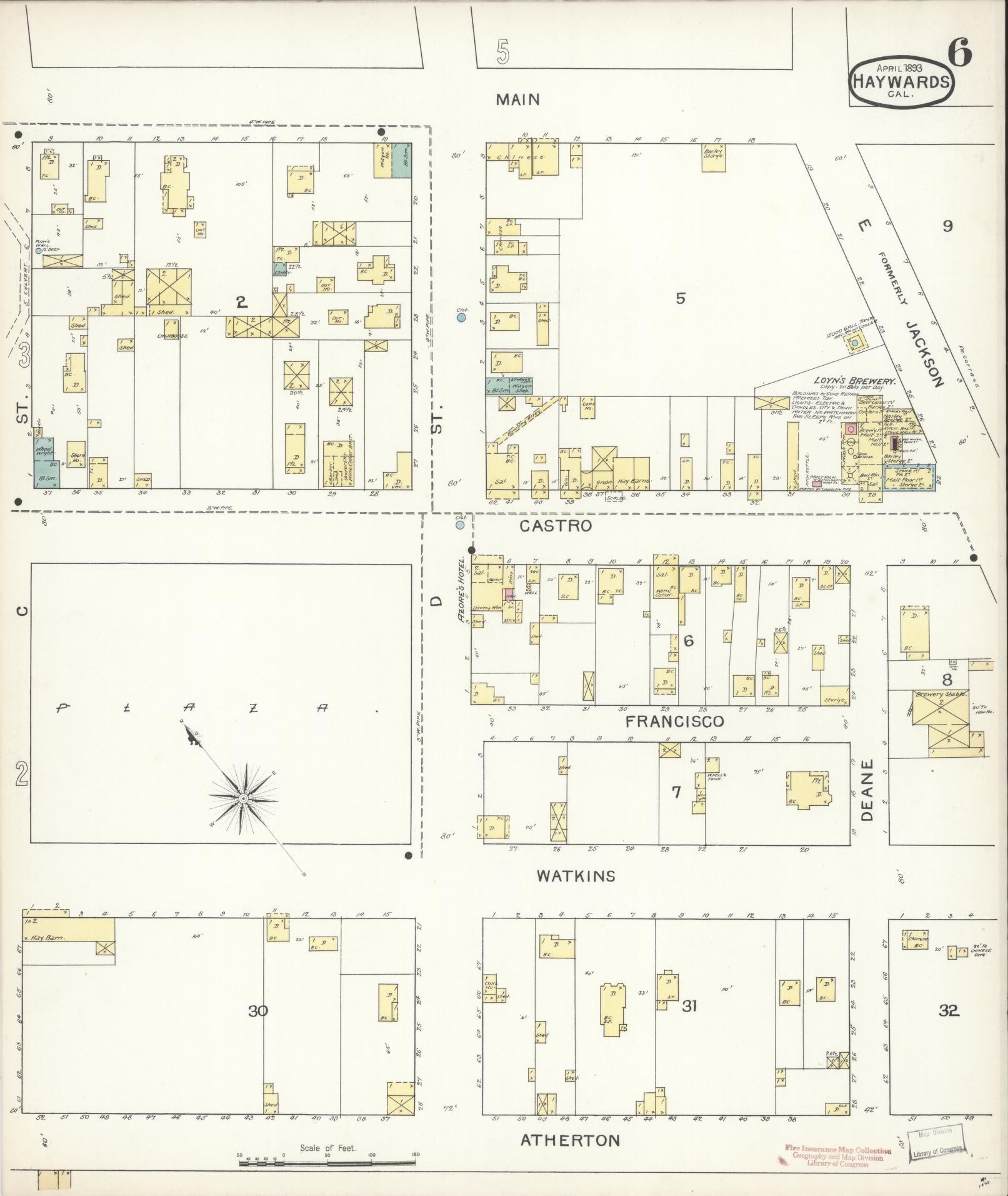 Sanborn Fire Insurance Map from Hayward, Alameda County, California (1893), Sheet #0006 - Complete Map Set gallery image, historic Sanborn map, vintage wall art, California California