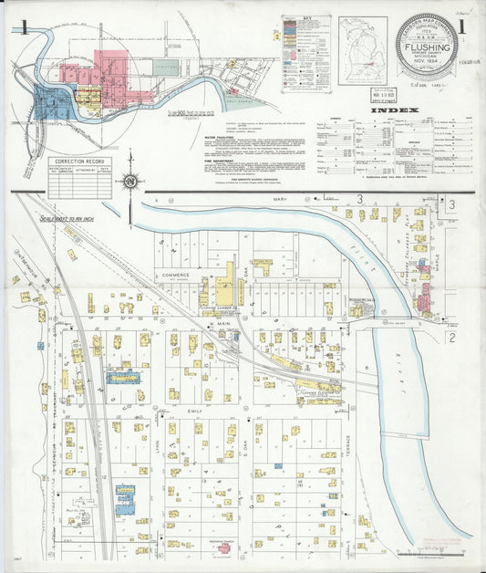 Sanborn Fire Insurance Map from Flushing, Genesee County, Michigan (1934), Sheet #0001 - Historic Sanborn Fire Insurance Map Print, vintage old map wall art, antique decor, genealogy gift, Michigan Michigan map