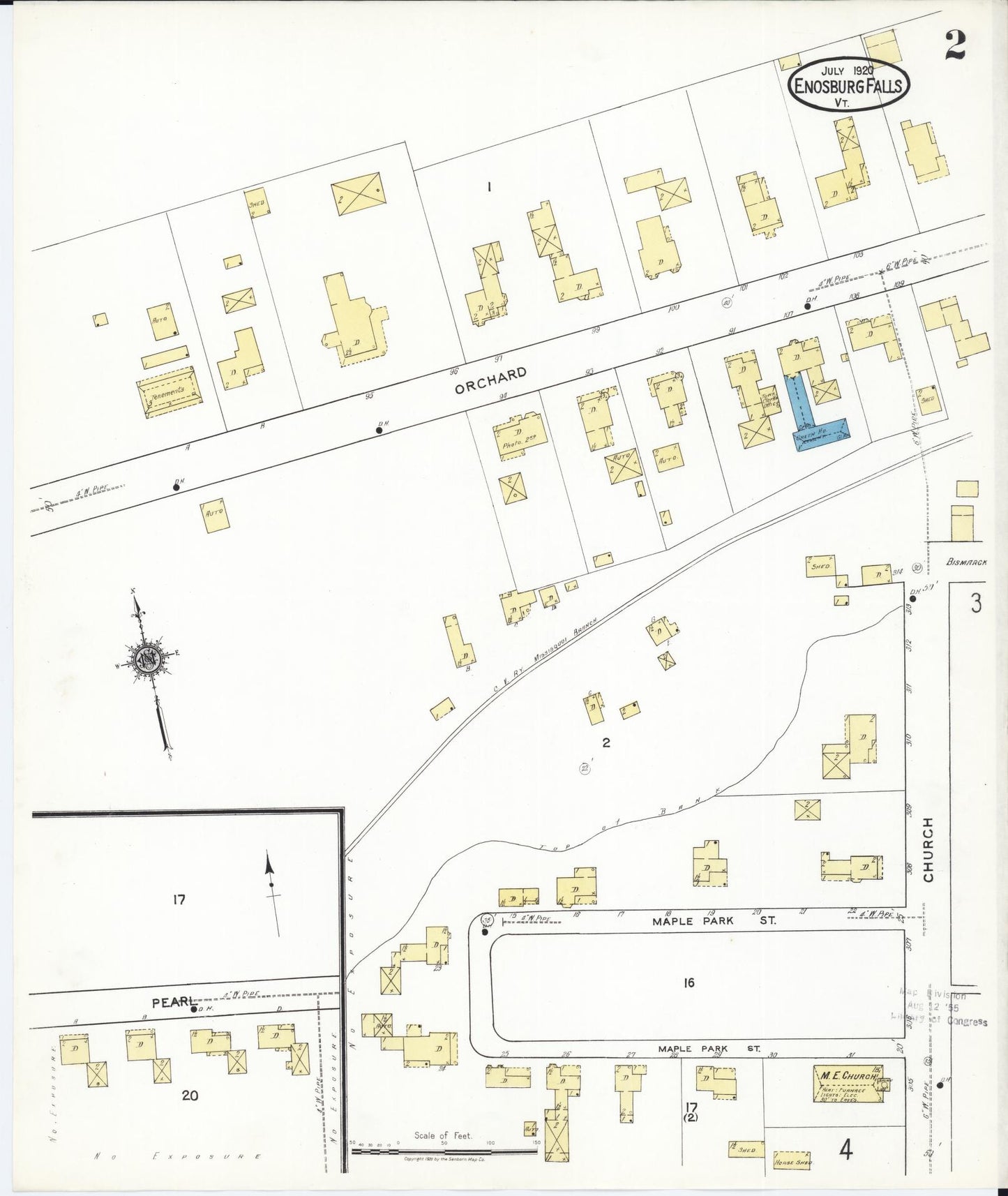 Sanborn Fire Insurance Map from Enosburg Falls, Franklin County, Vermont (1920), Sheet #0002 - Historic Sanborn Fire Insurance Map Print, vintage old map wall art, antique decor, genealogy gift, Vermont Vermont map