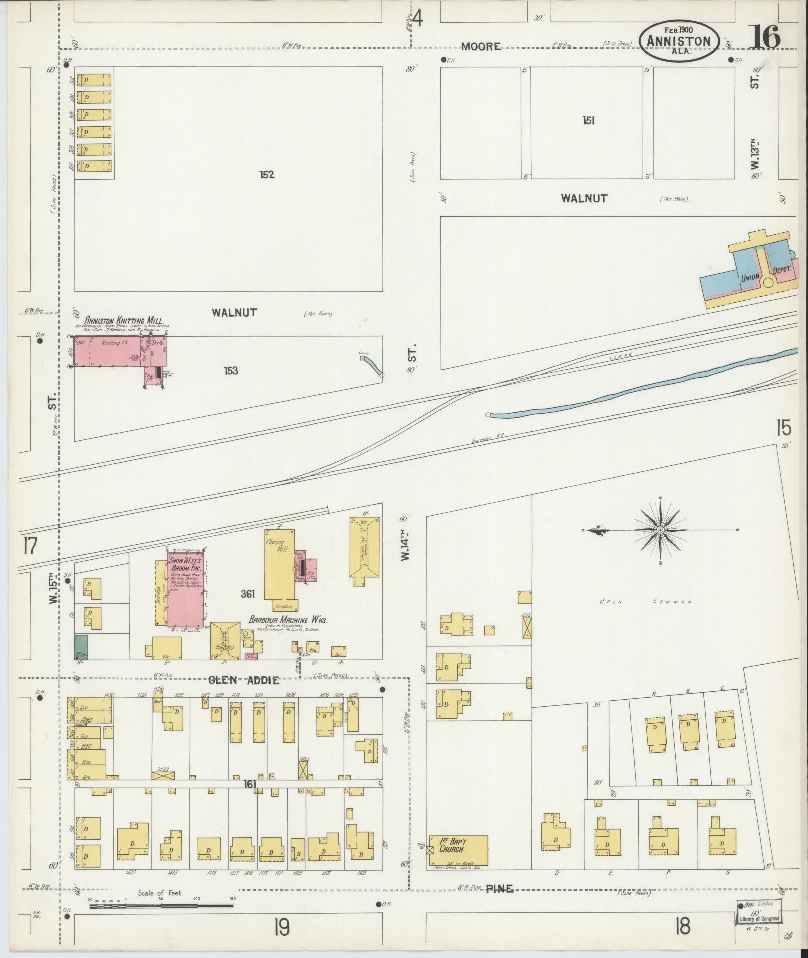 Sanborn Fire Insurance Map from Anniston, Calhoun County, Alabama (1900), Sheet #0016 - Complete Map Set gallery image, historic Sanborn map, vintage wall art, Alabama Alabama