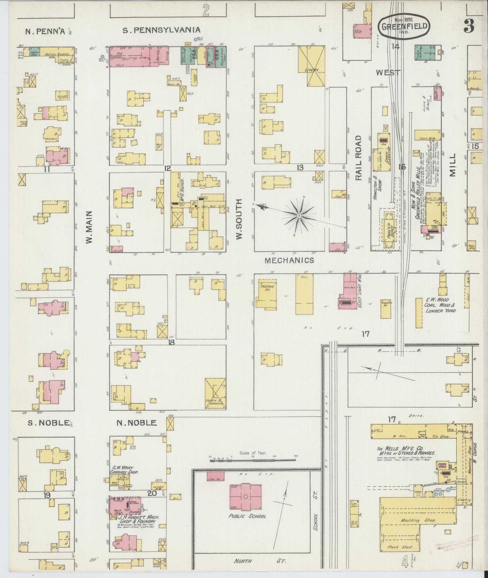Sanborn Fire Insurance Map from Greenfield, Hancock County, Indiana (1892), Sheet #0003 - Historic Sanborn Fire Insurance Map Print, vintage old map wall art, antique decor, genealogy gift, Indiana Indiana map