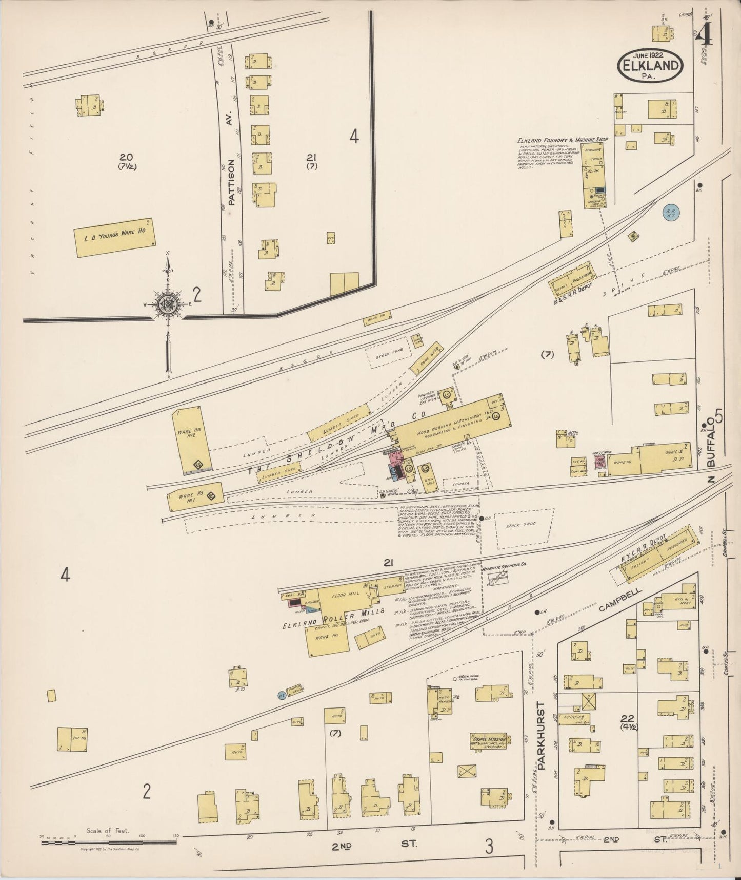 Sanborn Fire Insurance Map from Elkland, Tioga County, Pennsylvania (1922), Sheet #0004 - Historic Sanborn Fire Insurance Map Print, vintage old map wall art, antique decor, genealogy gift, Pennsylvania Pennsylvania map